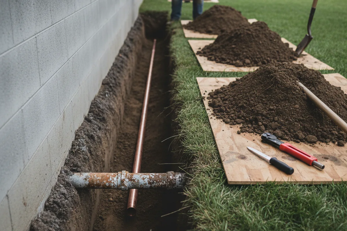 Excavated water line trench during Water Softener Installation in Rising Sun